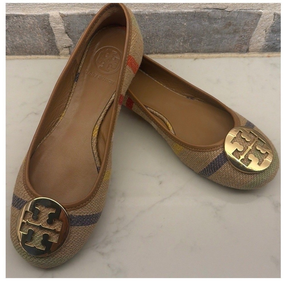 Tory Burch Reva Striped Raffia Ballet Flats Multi Color Gold Logo Medallion 7M